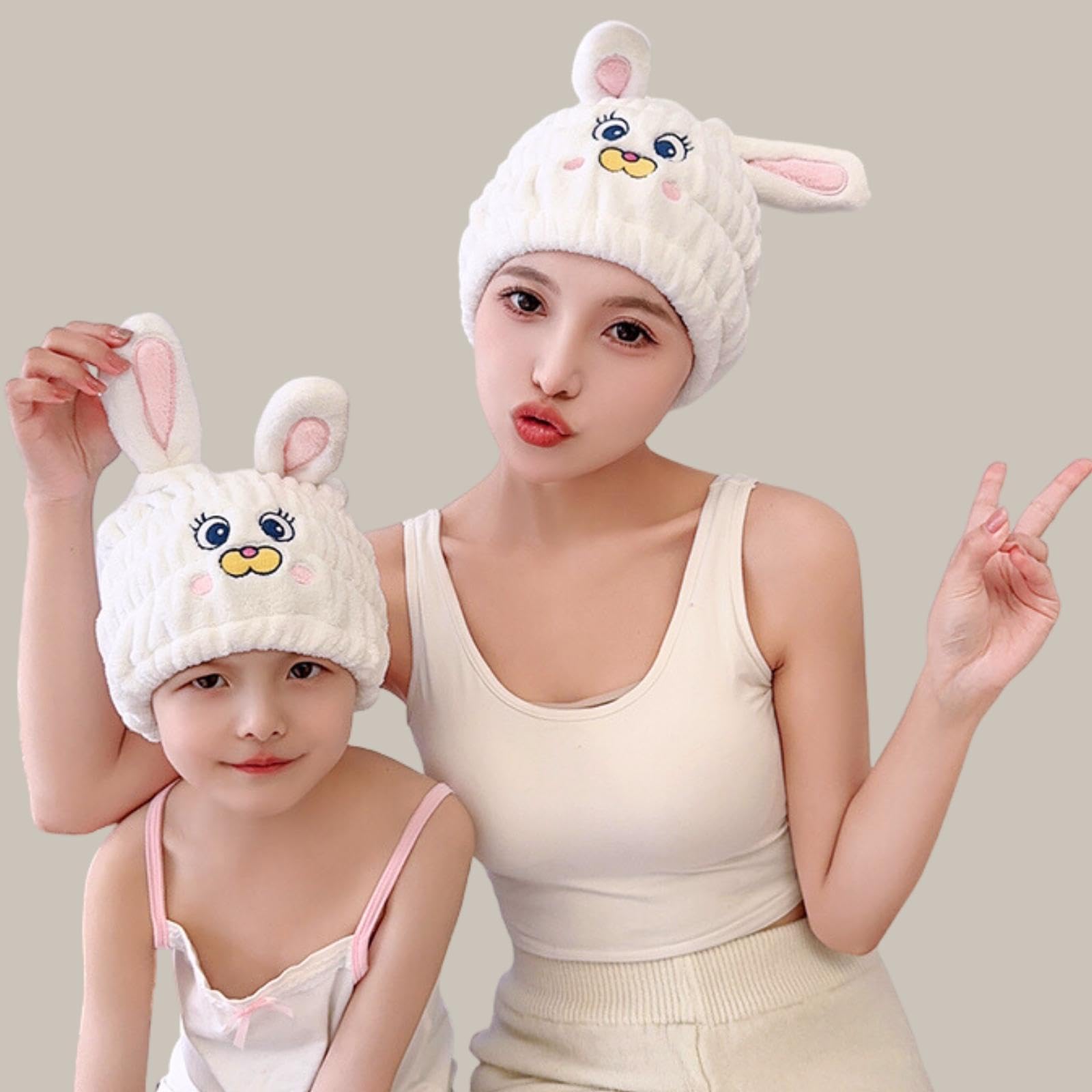 LCBD Microfiber Hair Towel Wrap for Kids, White Rabbit Dry Hair Cap Set with Hair Scrunchies, Absorbent Quick Hair Drying Towel